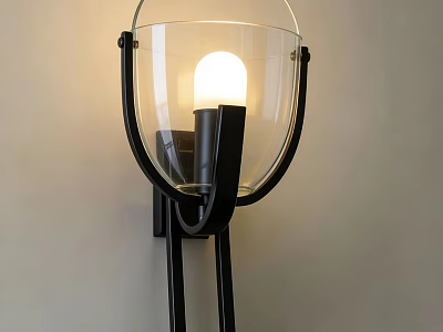 Modern Black Metal Wall Sconce with Transparent Glass Shade and Illuminated Bulb 3d model