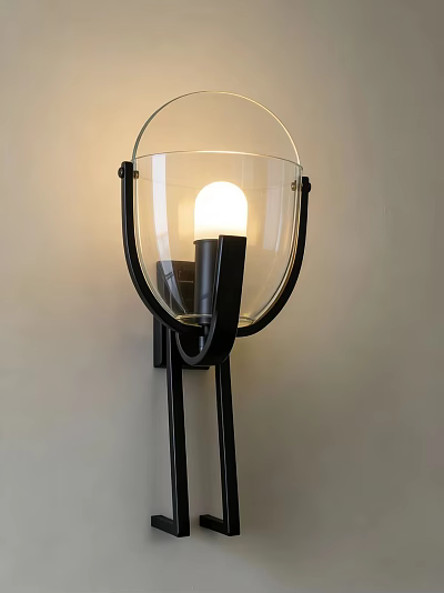 Modern Black Metal Wall Sconce with Transparent Glass Shade and Illuminated Bulb 3d model