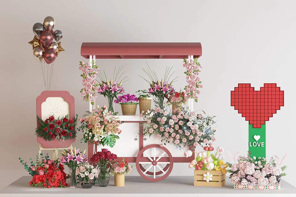 Floral Display Featuring Decorative Flower Cart Assorted Flowers Balloons and Heart Decoration 3d model 