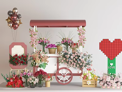 Floral Display Featuring Decorative Flower Cart Assorted Flowers Balloons and Heart Decoration 3d model