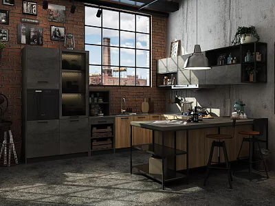 Industrial Style Kitchen With Wooden And Gray Cabinets Large Window And Island Counter 3d model