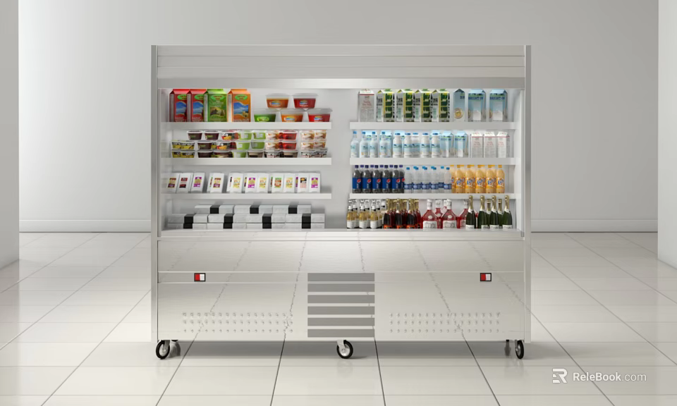 Stainless Steel Mobile Refrigerated Display Shelf with Bottled Drinks and Packaged Foods 3d model 
