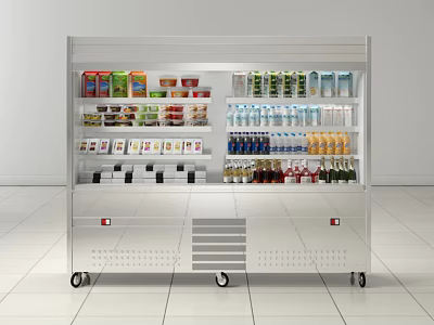 Stainless Steel Mobile Refrigerated Display Shelf with Bottled Drinks and Packaged Foods 3d model
