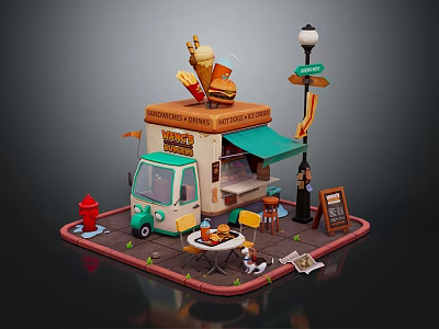 Playful Cartoon Food Stall Scene With Colorful Cart Street Lamp Tables Chairs And Menu Board 3d model