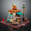 Playful Cartoon Food Stall Scene With Colorful Cart Street Lamp Tables Chairs And Menu Board