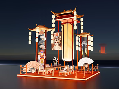 Traditional Chinese Art Installation With Hanging Lanterns And Cultural Wooden Decorations 3d model