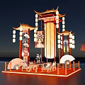 Traditional Chinese Art Installation With Hanging Lanterns And Cultural Wooden Decorations