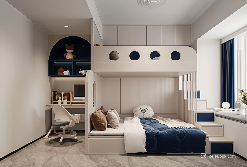 Modern Kids Room With Bunk Bed Desk Chair Bookshelf Blue Blanket And Storage Cabinets 3d model 
