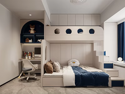 Modern Kids Room With Bunk Bed Desk Chair Bookshelf Blue Blanket And Storage Cabinets 3d model