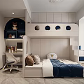 Modern Kids Room With Bunk Bed Desk Chair Bookshelf Blue Blanket And Storage Cabinets