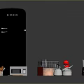 Black Smeg Refrigerator With Kitchen Appliances Red Blender Coffee Maker Knives And Spice Bottles
