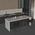 Modern Kitchen Bar Counter With White Marble Top Three Colored Bar Stools And Tableware 3d model