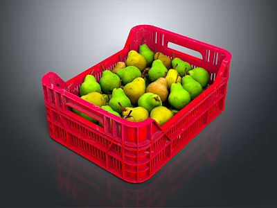 Fresh Ripe Pears in Red Plastic Crate Full of Green and Yellow Fruits 3d model