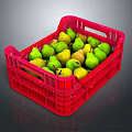 Fresh Ripe Pears in Red Plastic Crate Full of Green and Yellow Fruits