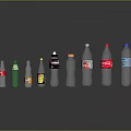 Various Branded Beverage Bottles With Colorful Green Red Transparent On Grey Background And Reflections