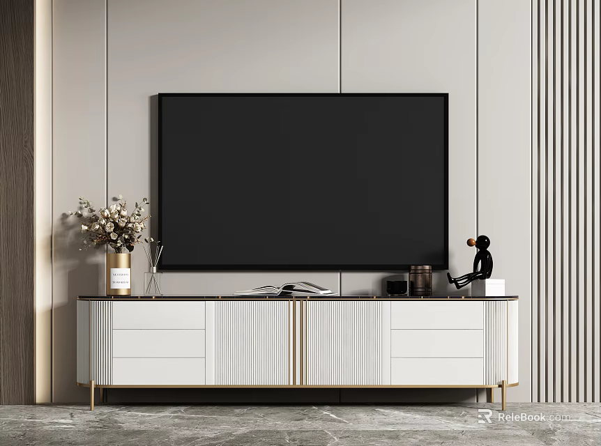 Modern White and Gold TV Stand With Large TV Screen Drawers Cabinets Gray Striped Wall 3d model 