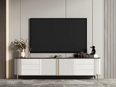 Modern White and Gold TV Stand With Large TV Screen Drawers Cabinets Gray Striped Wall 3d model