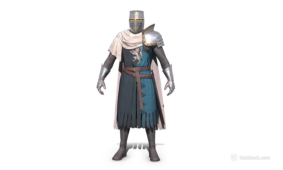 Game Movie Character Medieval Knight With Metal Armor White Cloak And Blue Tunic 3d model 