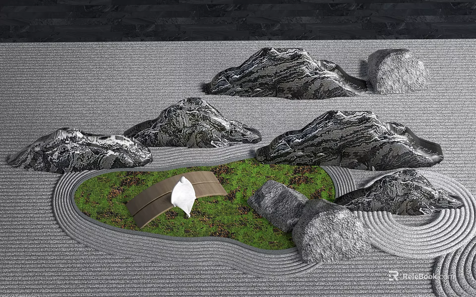 Zen Garden Landscape with Natural Stones Wooden Bridge Green Grass and Curved Sand Patterns 3d model 