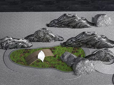 Zen Garden Landscape with Natural Stones Wooden Bridge Green Grass and Curved Sand Patterns 3d model