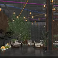 Modern Café Interior Design With Wooden Decor Hanging Lights Green Plants And Comfortable Seating