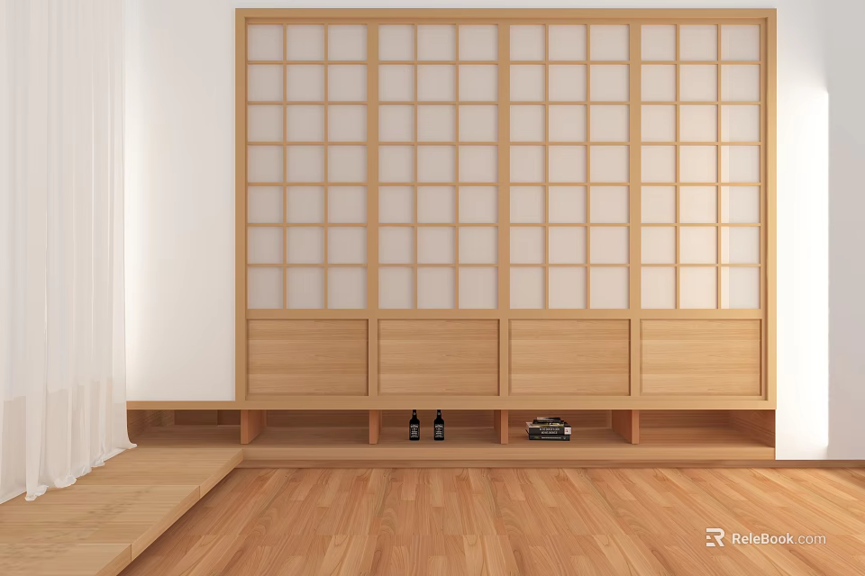 Japanese Shoji Sliding Doors with Wooden Lattice Design and Storage Cabinets on Wooden Flooring 3d model 