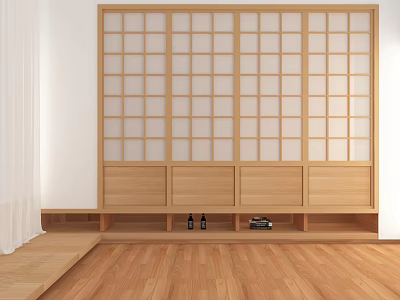 Japanese Shoji Sliding Doors with Wooden Lattice Design and Storage Cabinets on Wooden Flooring 3d model
