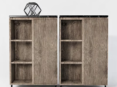 Two Modern Wooden Entryway Side Cabinets With Black Countertop Door And Open Shelves 3d model