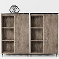 Two Modern Wooden Entryway Side Cabinets With Black Countertop Door And Open Shelves