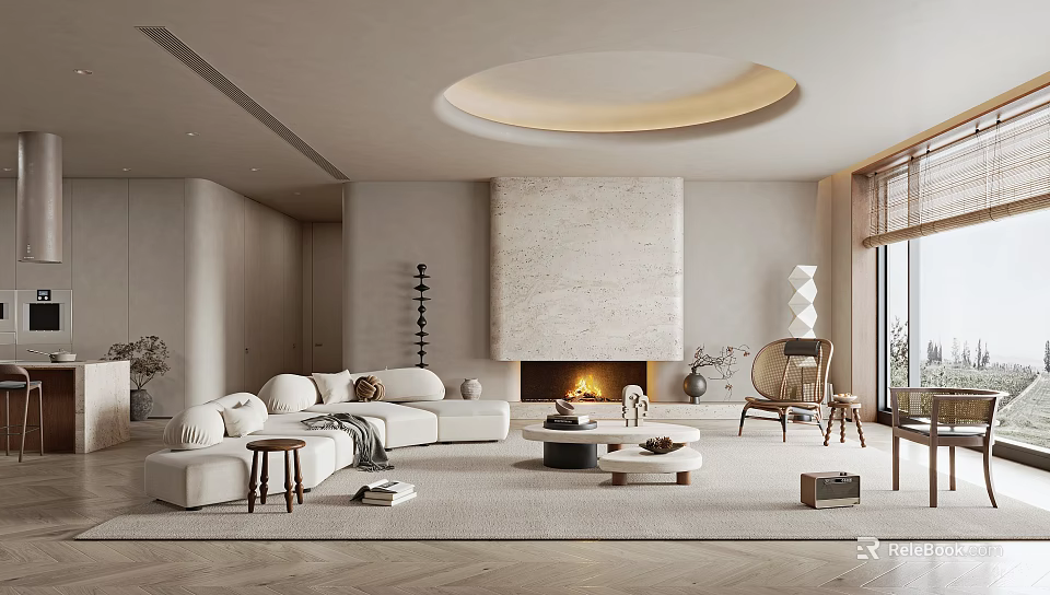 Modern Living Room Interior With Stone Fireplace Circular Ceiling Light Sectional Sofa And Wooden Flooring 3d model 