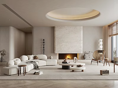 Modern Living Room Interior With Stone Fireplace Circular Ceiling Light Sectional Sofa And Wooden Flooring 3d model