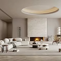 Modern Living Room Interior With Stone Fireplace Circular Ceiling Light Sectional Sofa And Wooden Flooring