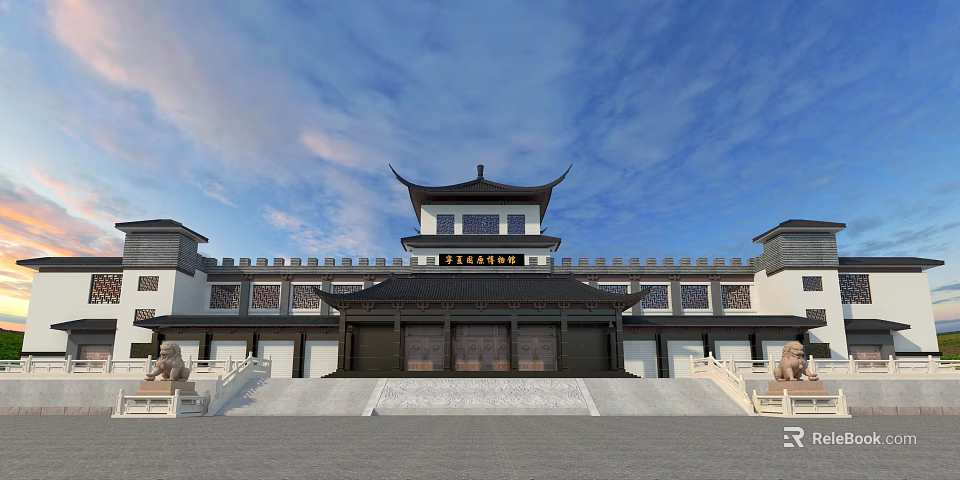 Traditional Chinese Museum Building With Flying Eaves White Walls And Stone Lions 3d model 