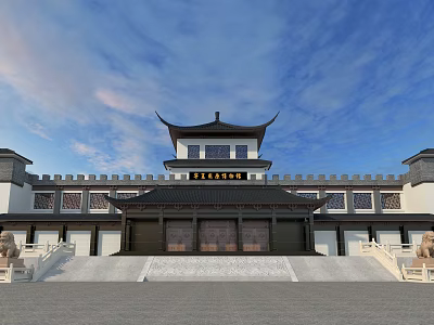 Traditional Chinese Museum Building With Flying Eaves White Walls And Stone Lions 3d model