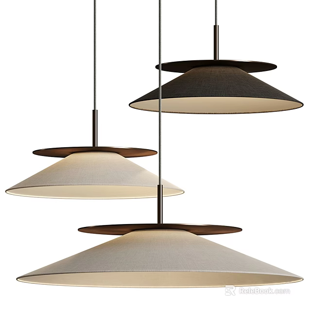 Modern Layered Pendant Lights With Beige Fabric Shades And Black Metal Frames 3d model 
