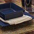 Blue Ceramic Square Bowl And Plate Dinnerware Set With Gold Flatware Placemats On Dining Table 3d model