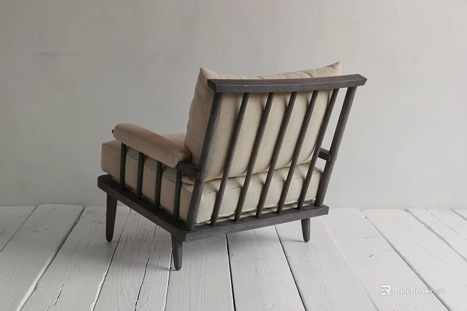 Minimalist Accent Chair With Dark Wooden Frame Slatted Backrest And Light Linen Cushion For Modern Interior 3d model 