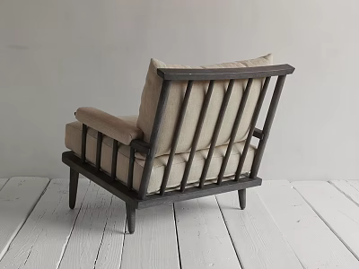 Minimalist Accent Chair With Dark Wooden Frame Slatted Backrest And Light Linen Cushion For Modern Interior 3d model