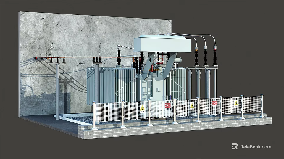 Industrial Transformer Equipment With Metal Fence Warning Signs And Power Cables 3d model 