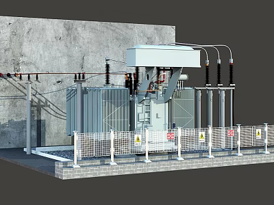 Industrial Transformer Equipment With Metal Fence Warning Signs And Power Cables 3d model