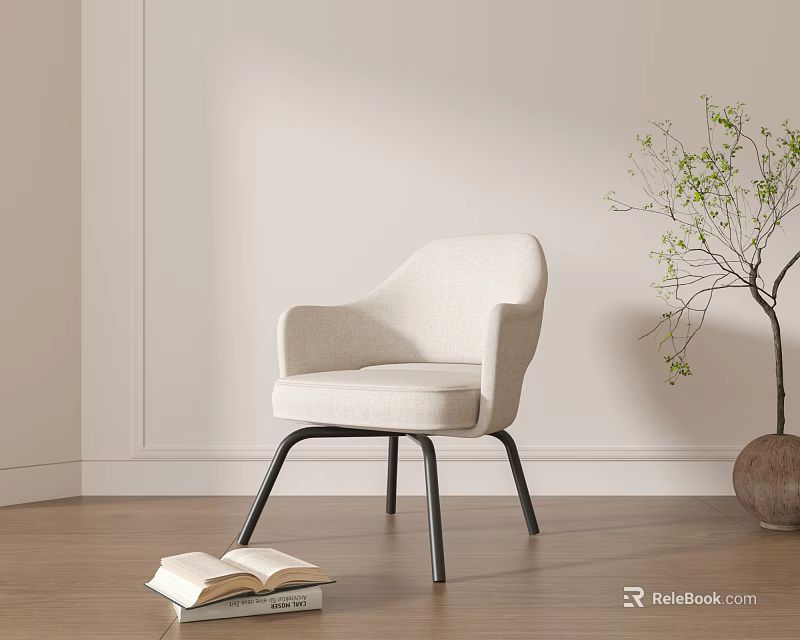 Modern Light Colored Dining Chair with Armrests Black Metal Legs Open Book Green Plant Wooden Floor 3d model 