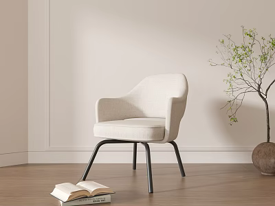 Modern Light Colored Dining Chair with Armrests Black Metal Legs Open Book Green Plant Wooden Floor 3d model