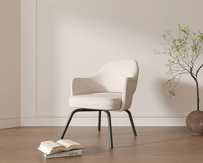 Modern Light Colored Dining Chair with Armrests Black Metal Legs Open Book Green Plant Wooden Floor 3d model