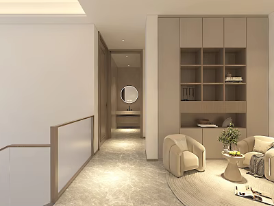 Cozy Modern Lounge Room Interior With Beige Sofa Armchair Coffee Table And Bookshelf 3d model