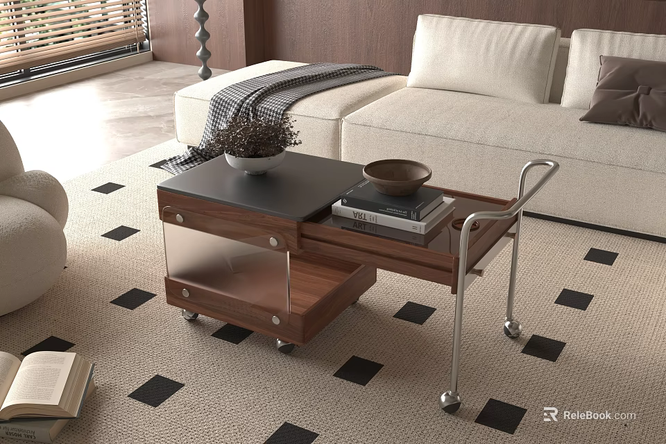 Wooden Coffee Table With Black Top Slide Out Tray And Cream Sofa On Checkered Carpet 3d model 
