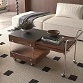 Wooden Coffee Table With Black Top Slide Out Tray And Cream Sofa On Checkered Carpet