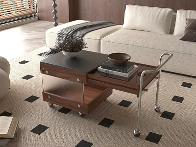 Wooden Coffee Table With Black Top Slide Out Tray And Cream Sofa On Checkered Carpet 3d model