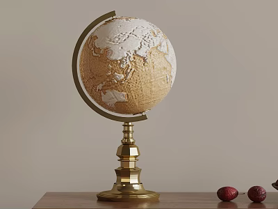 Vintage Globe With Gold Base Placed On Wooden Table Near Red Fruits 3d model