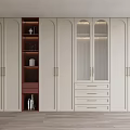 Modern White Wardrobe with Dark Accent Open Shelves Glass Doors Drawers and Brass Handles