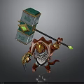 Mythical 3D Warrior Character With Red Body Golden Helmet Large Hammer Block Green Accents